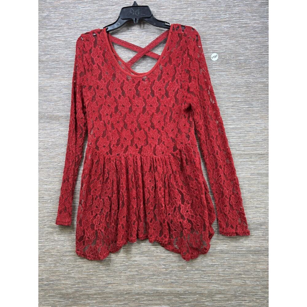 BKE Sheer Lace Tunic Top Womens Size L Red Long Sleeve Ruffle Hem Boho